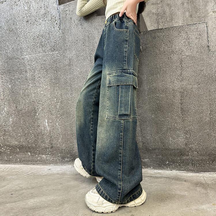 Girls' Pants Spring and Autumn Retro Jean Denim Work Pants Girls' Straight Leg Pants Wide Leg Pants