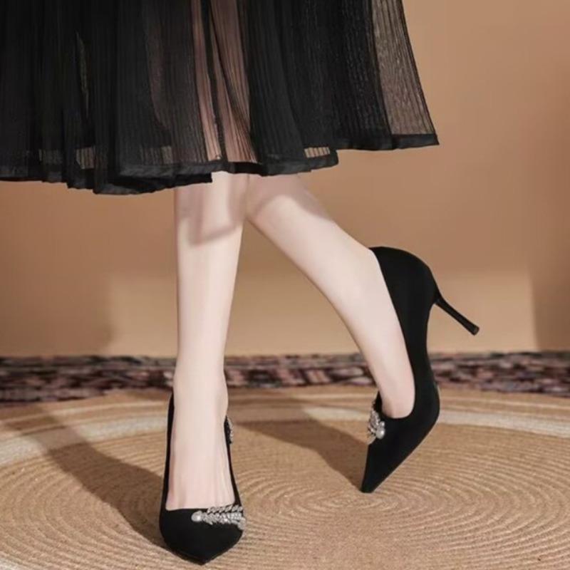 Fashion Temperament Stiletto Single Shoes Autumn New Pointed Toe Shallow Suede Rhinestone Non-slip High Heels
