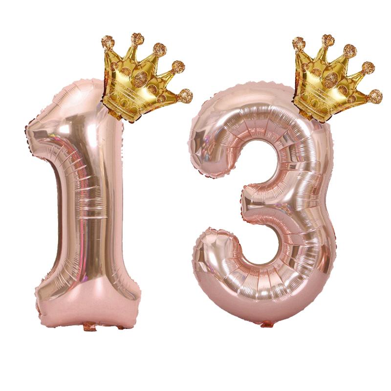 1PC 32 Inch Rose Gold Crown Digital Number Foil Balloons Princess Birthday DecorationParty Wedding Xmas Number Balloon Anniv