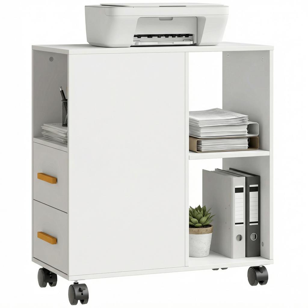 Printer Stand Printer Table with Adjustable Shelf, Casters for Fax Scanner 60 X 30 X 65 Cm White