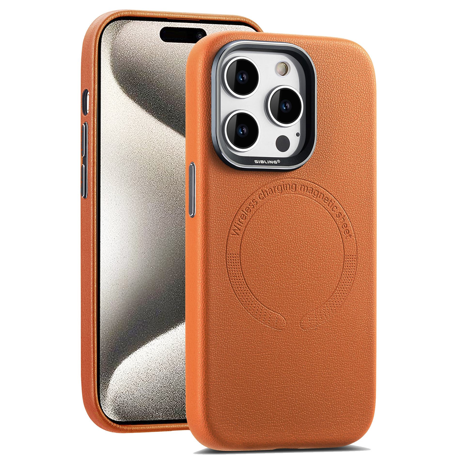 

Кожаный чехол для Apple 15ProMax с магнитной застежкой - простой кожаный чехол для iPhone 14/13 с металлической рамкой 16 Pro коричневый