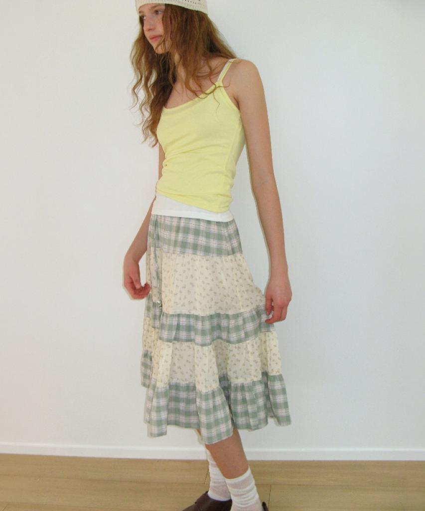 RONRON Floral Check Patchwork Mid Skirt Green