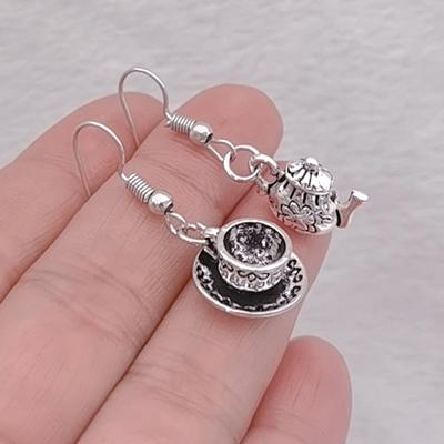 Vintage Silber Farbe Tee Tasse Ohrringe Tee Topf Anhänger Baumeln Ohrringe Teekanne Schmuck Party Geschenke