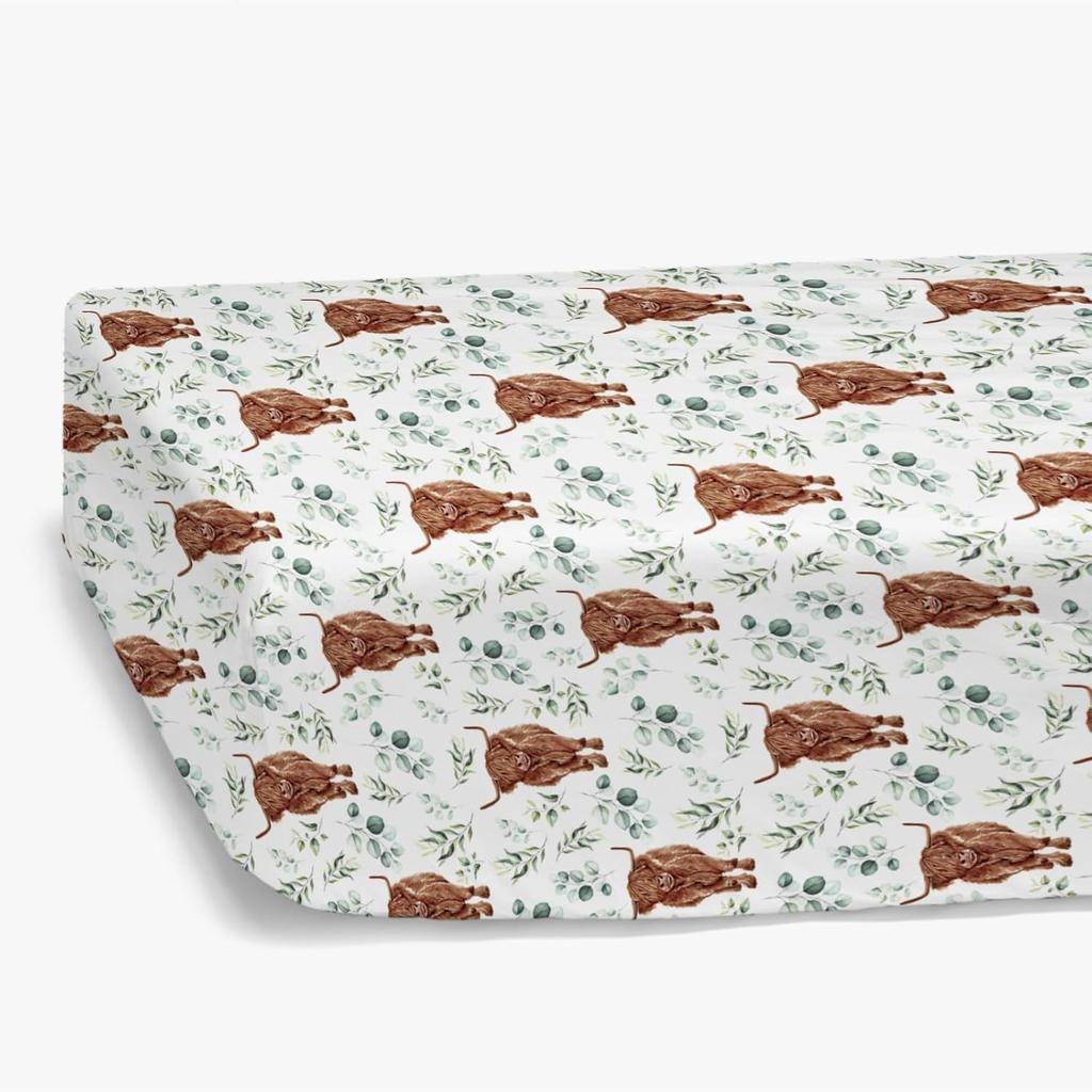 HawSkgFub Highland Cow Eucalyptus Leaf Fitted Standard Crib Sheet for Baby Boy Girl, Neutral Western Farm Animal Yak Toddler Mattress Cover, Soft