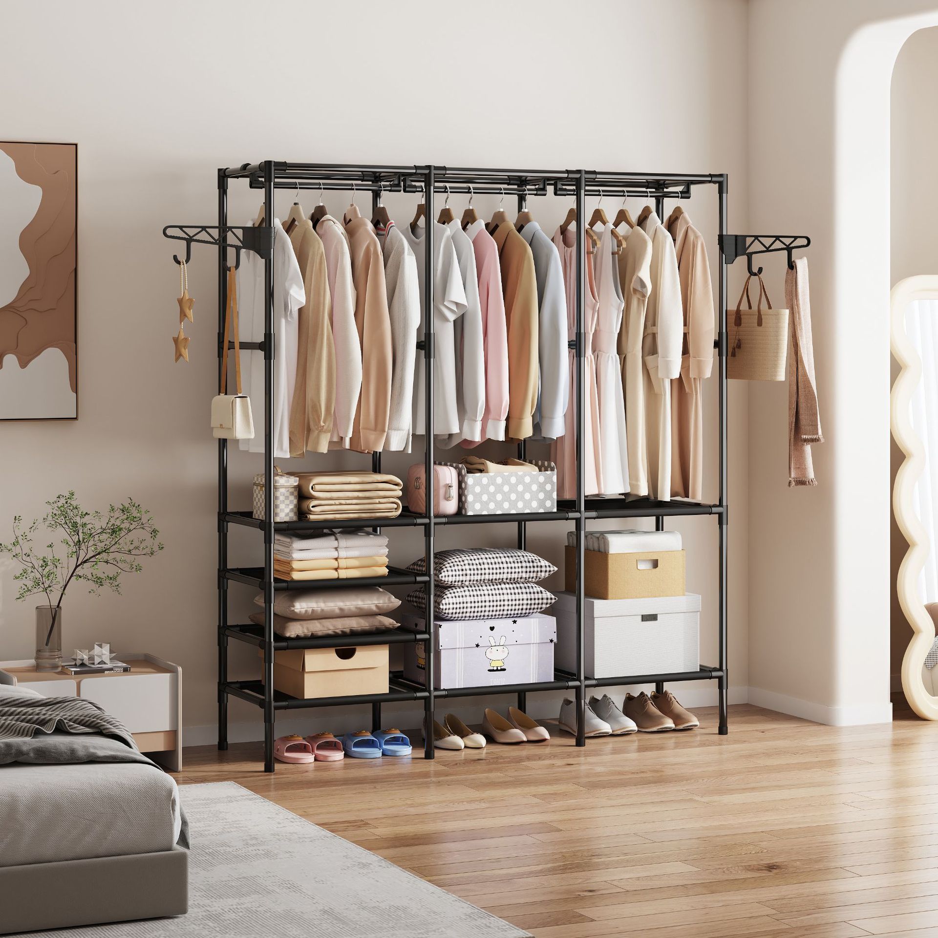 

Простая трехрядная многофункциональная вешалка для хранения, бытовая напольная стойка для спальни, вешалка для одежды