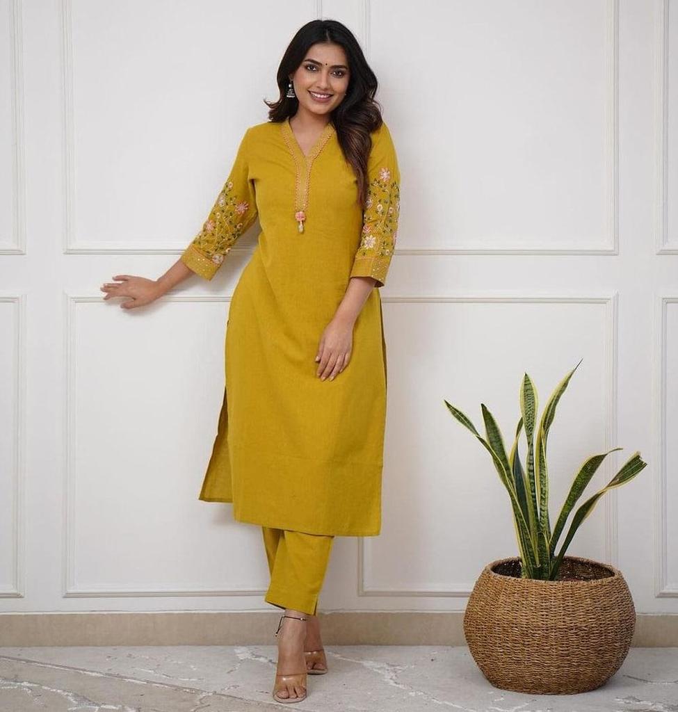 Women Indian Pakistani Kurta Pant Set Party Wear Designer Top Tunic Ethnic Kurti Cotton Slub