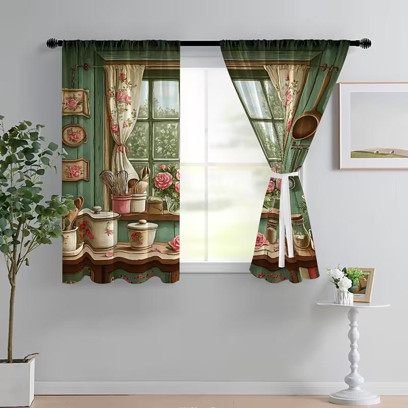 2 Pcs Kitchen Scenery Print Curtains,suitable for Bedroom,living Room Kitchen Decoration,home Decoration,window Decoration