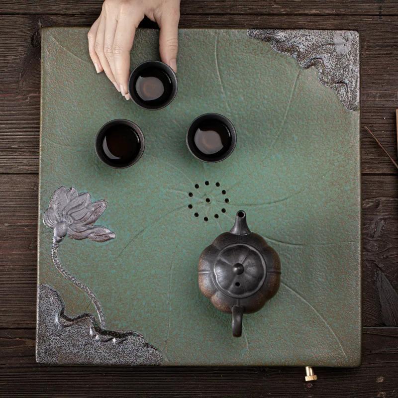 Retro Creative Ceramic Tea Tray, Antique Gilt Stoneware, Dual-use Square Tea Tray, Drain Tea Table, Japanese Style Simple Tray