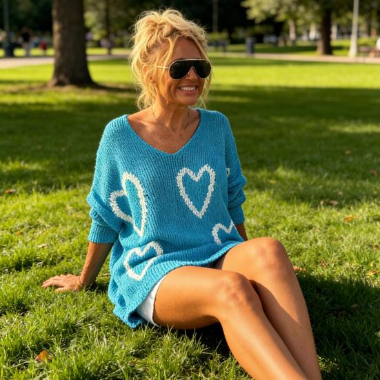 Women Sweater V-Neck Long Sleeve Heart Pattern Knitting Tops Loose Fit Commuting Style Spring Autumn Casual Sweater