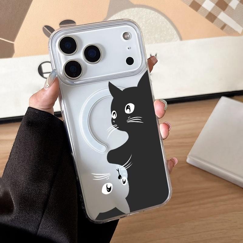 Magnetic Phone Case for iPhone 17 17E 16 16E 15 14 13 12 11 Air Pro Max Plus Cute Cat Pattern Transparent Soft TPU Slim Cover