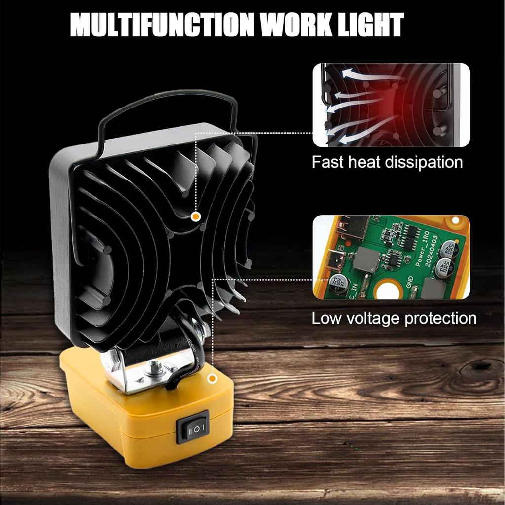 LED Work Light Compatible with Dewalt 18V/20V Battery, 48W 4800LM Flashlight, Cordless Flood Light with USB/Type C Charging Port and Low Voltage