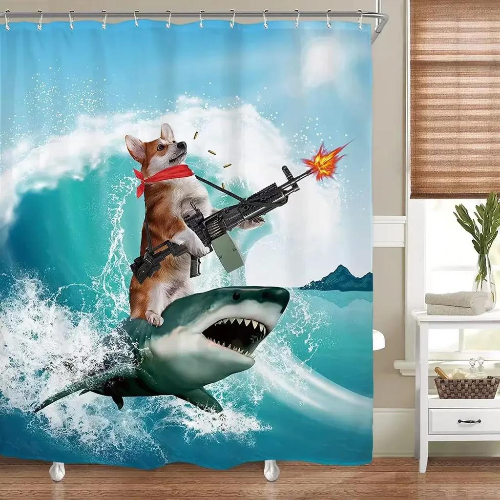 Funny Shower Curtains Bathroom Curtain With Hooks Decor Waterproof Cute Cat Dinosaur Bath Polyester Fabric