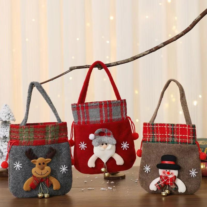 Canvas Christmas Gift Bags Set, 3pcs Festive Tote Bags with Santa & Reindeer Designs, Small Candy & Fruit Pouches, Holiday Gift