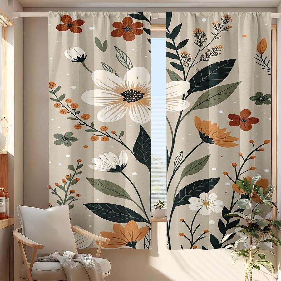 2PCS Multicolor Beige Orange White Floral Pattern Curtains Rod Pocket Design For Bedroom And Living Room