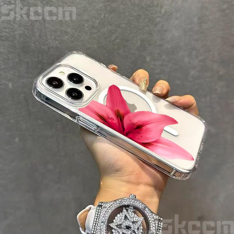 Realistic Lily Flower Print Clear Phone Case For iPhone 16E 16 15 14 13 12 11 Pro Max Plus XS XR Magnetic Wireless Charge Cover