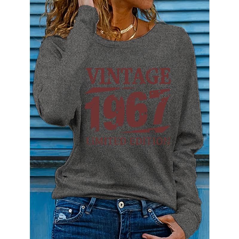 Women's Spring and Autumn Fashion Casual VINTAGE 1967 Letter Printed Round Neck Long Sleeve T-shirt Top