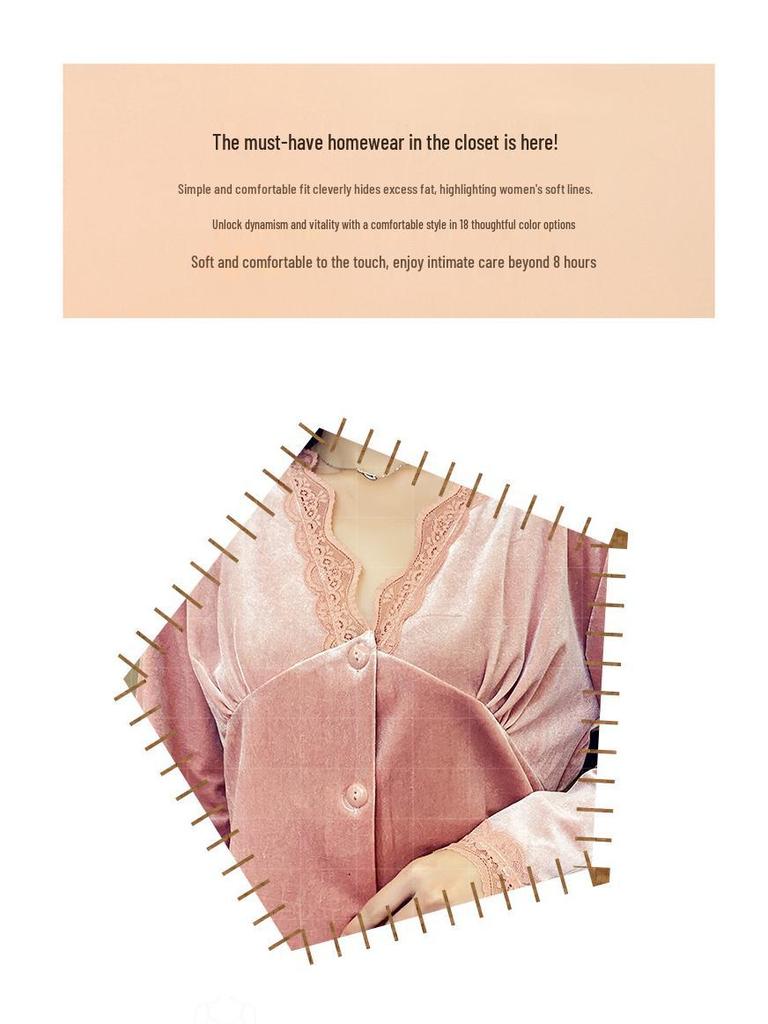 Damen Gold Samt Spitzenbesatz Pyjama Set - Langarm Strickjacke & Hose für Herbst/Winter