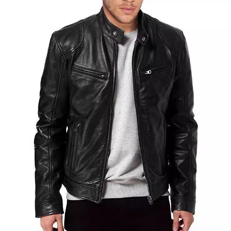 European & American Style Men's Stand-up Collar Leather Motorcycle Jacket with Logo