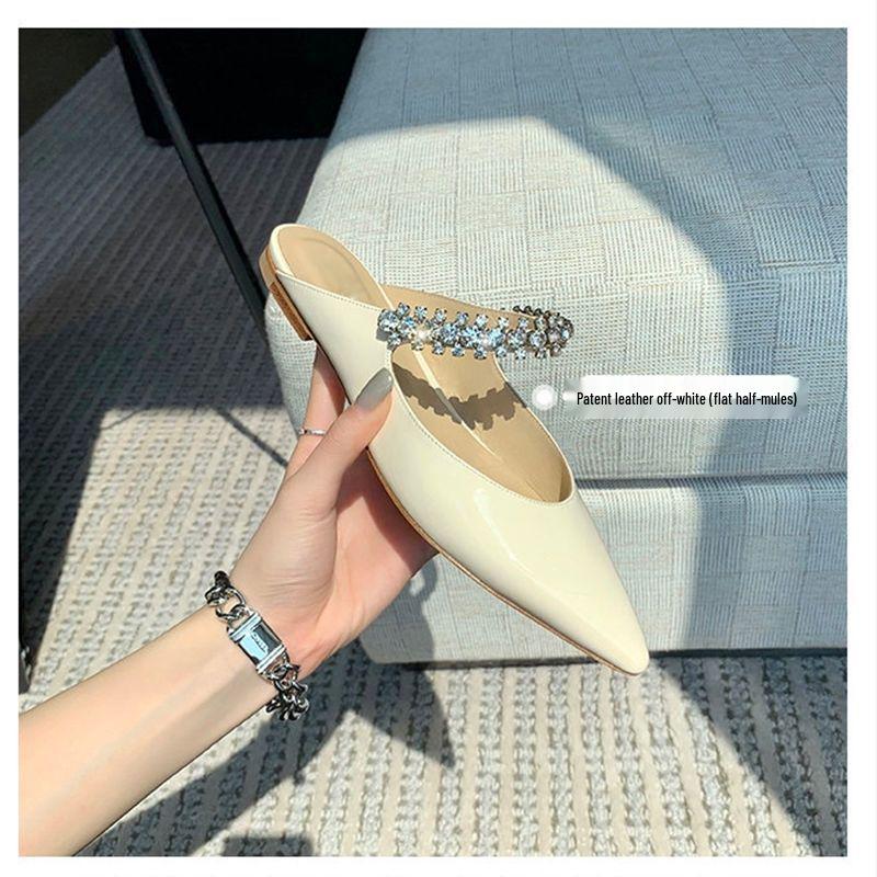 Spring 2025 Fairy Style Rhinestone Chain Mary Jane Flats - Patent Leather, Pointed Toe, Korean Soft Sole