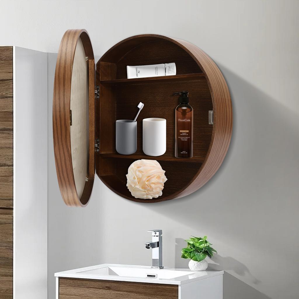 50cm Round Bathroom Mirror Cabinet W/ Storage, Flip Open Door, 3-Tier Interior, Wall Mount Modern Vanity Organizer for Bathroom