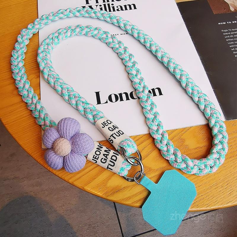 

Crossbody sponge flower three strands ponytail mobile phone lanyard women s ins fashionable small fresh strap long mountaineering rope crossbody [blue pink]