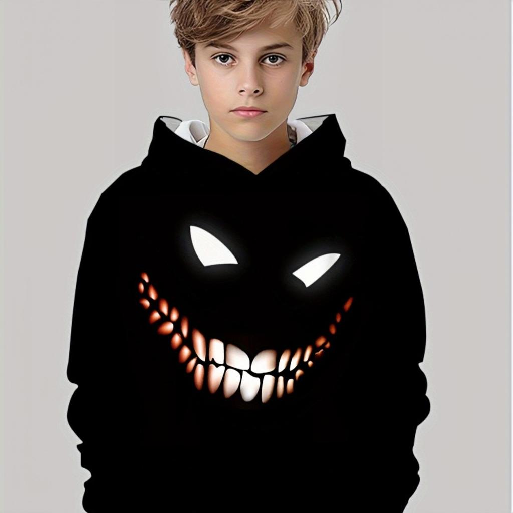 Boys' 3D hooded sweatshirt, suitable for Halloween parties, lightweight and durable, featuring a bright pumpkin design