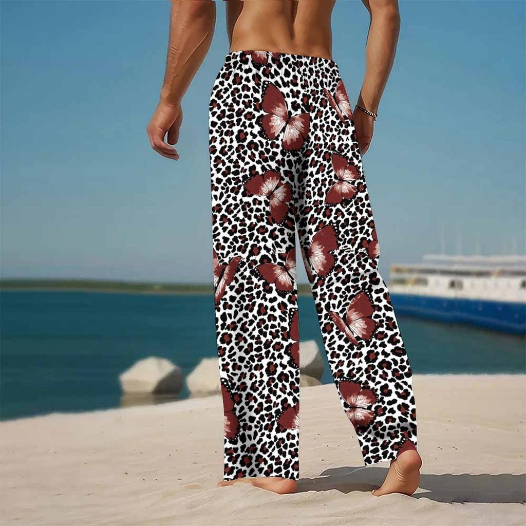 Men Black Base Rainbow Gradient Leopard Print Drawstring Straight Trousers With Side Pockets Eye Catching Bottoms