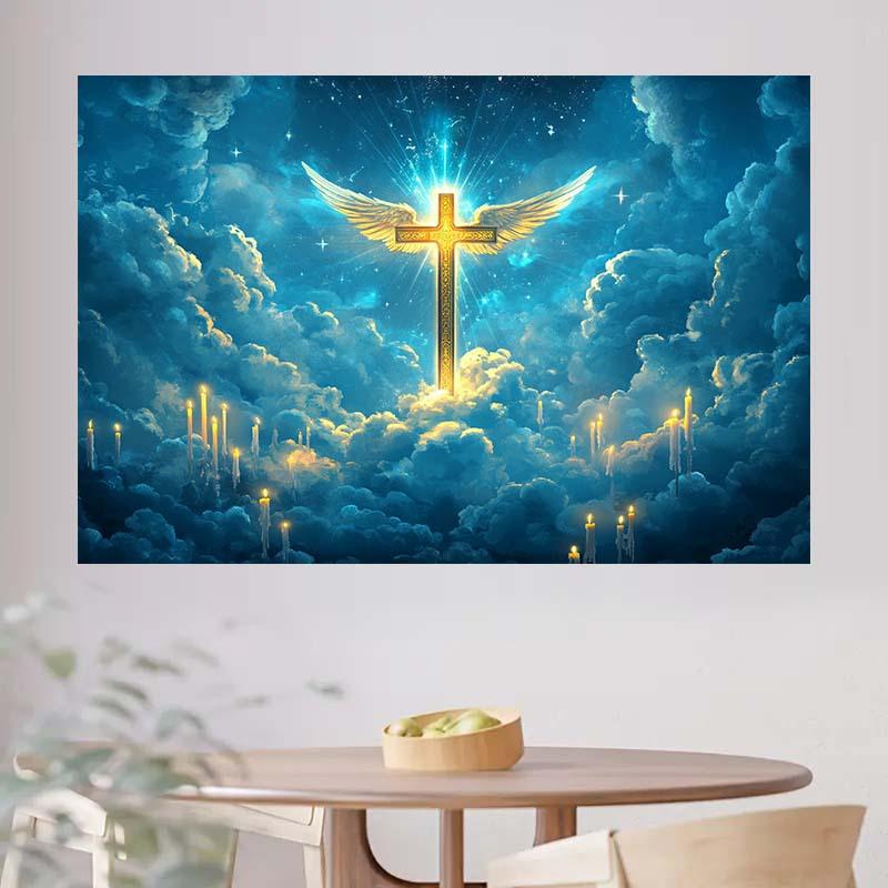 1 golden cross wing and cloud candle religious background cloth - Baptism decoration, party background