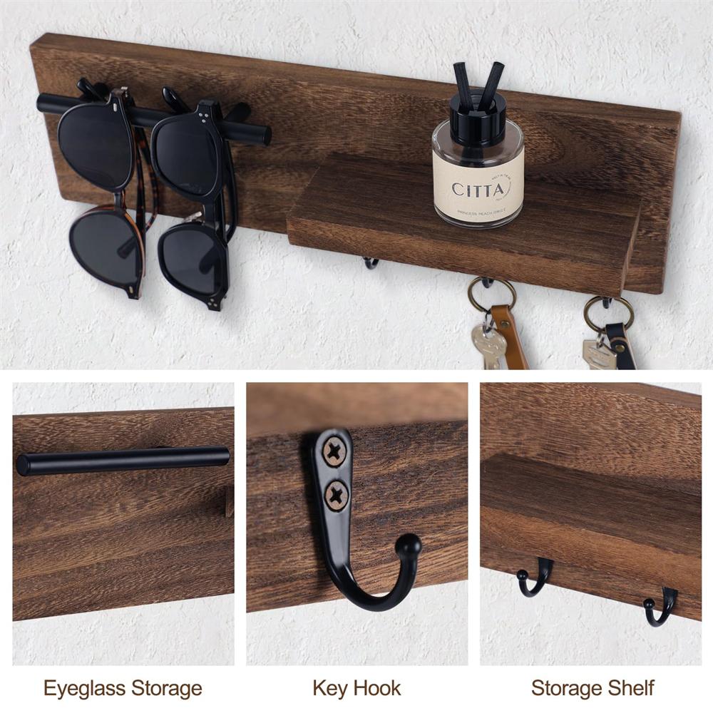 Dřevěný držák na klíče na zeď Dekorativní vstupní police s háčky Pojme klíče Vodítko pro psa Sluneční brýle Věšák na klíče se 3 háčky Organizuje