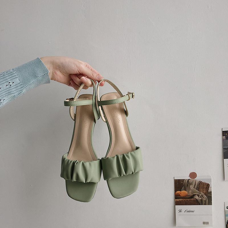 Fashion Square Heel Womens Sandals  Summer New Korean Pleated Ankle Buckle Casual High Heels Sandals Simple Rome Shoes