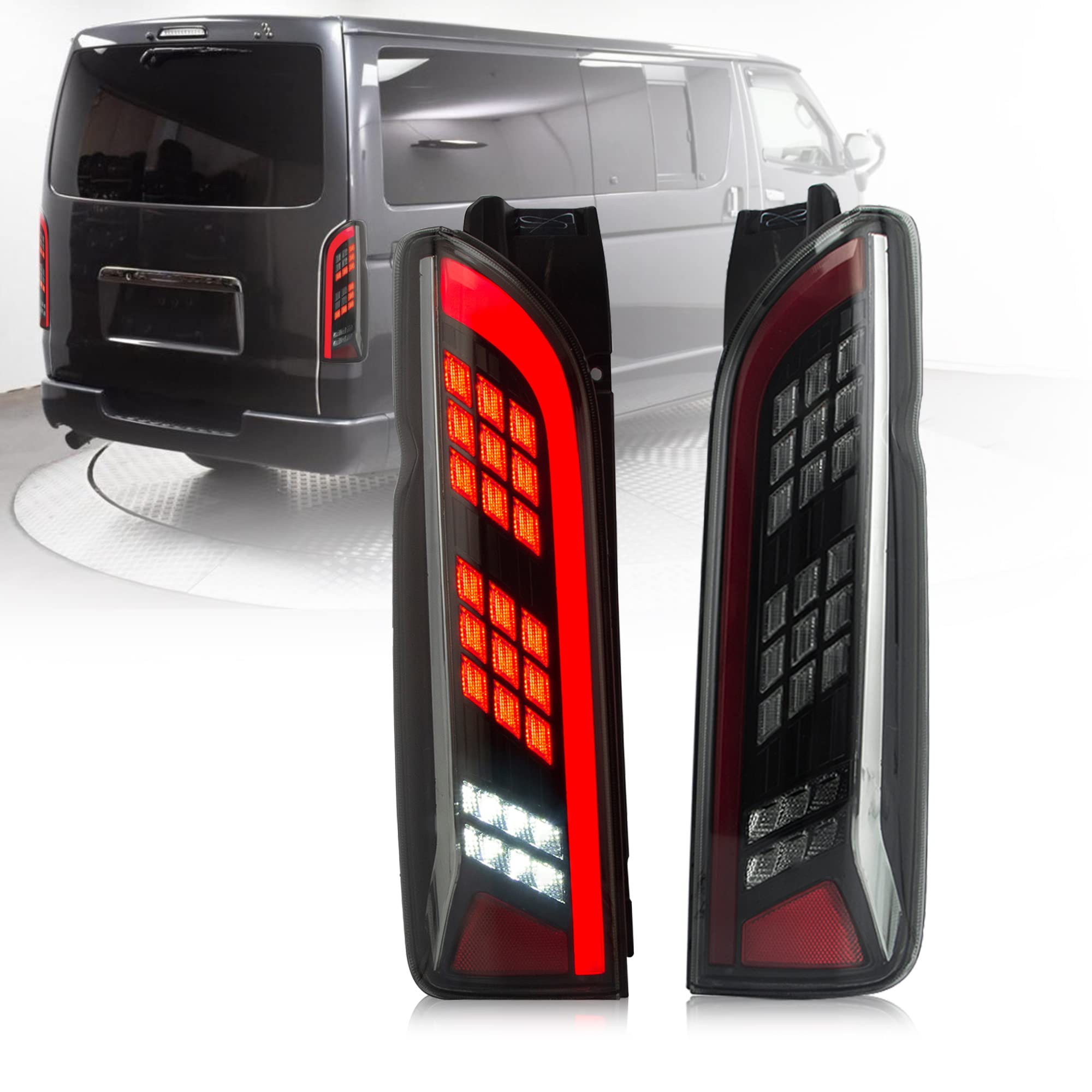 

VLAND Regius Ace LED Taillights with Flowing Turn Signals for Toyota Hiace 200 Series (Models 1-6), Smoke, 2005-2018