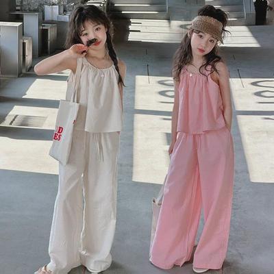 Mädchen Sommer Zweiteiler: Strapstop und Hose mit weitem Bein – leichter koreanischer Stil