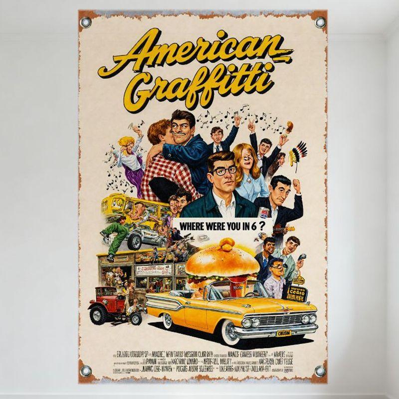 

American Graffiti Vintage Movie Metal Tin Sign - 60s Drive-In Diner Car Scene Art Decor for Home Man Cave Bar Cafe Wall Plaque 20x30cm（7.8x11.8inch）