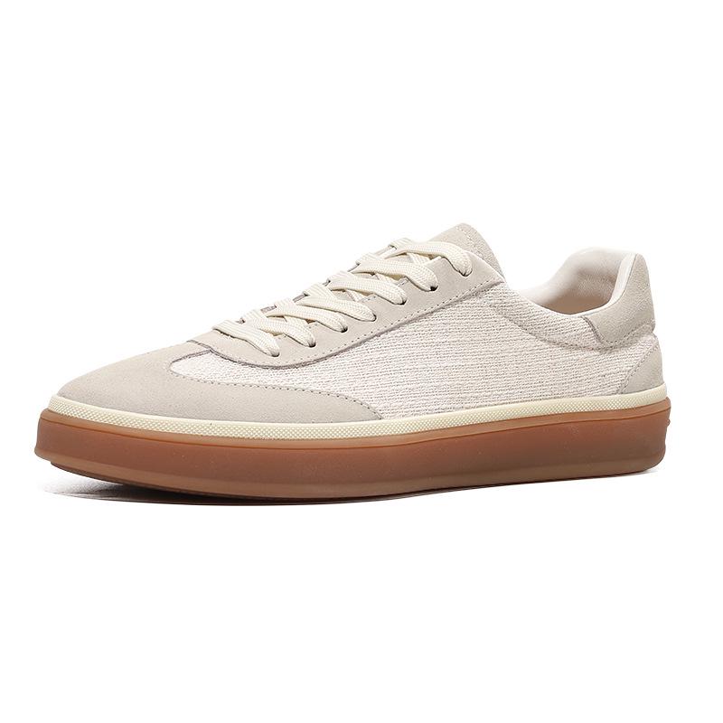 Men's Old Money Style Low-Top Breathable Cowhide Spliced Linen White Skate & Running Shoes