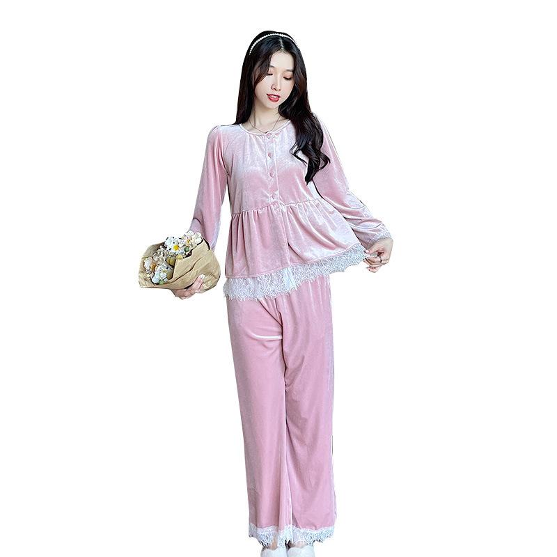 Golden Velvet Pajamas Set New Spring and Autumn Long-sleeved Trousers Korean Version Lace Edge Can Be Worn Outside Loungewear Pajamas