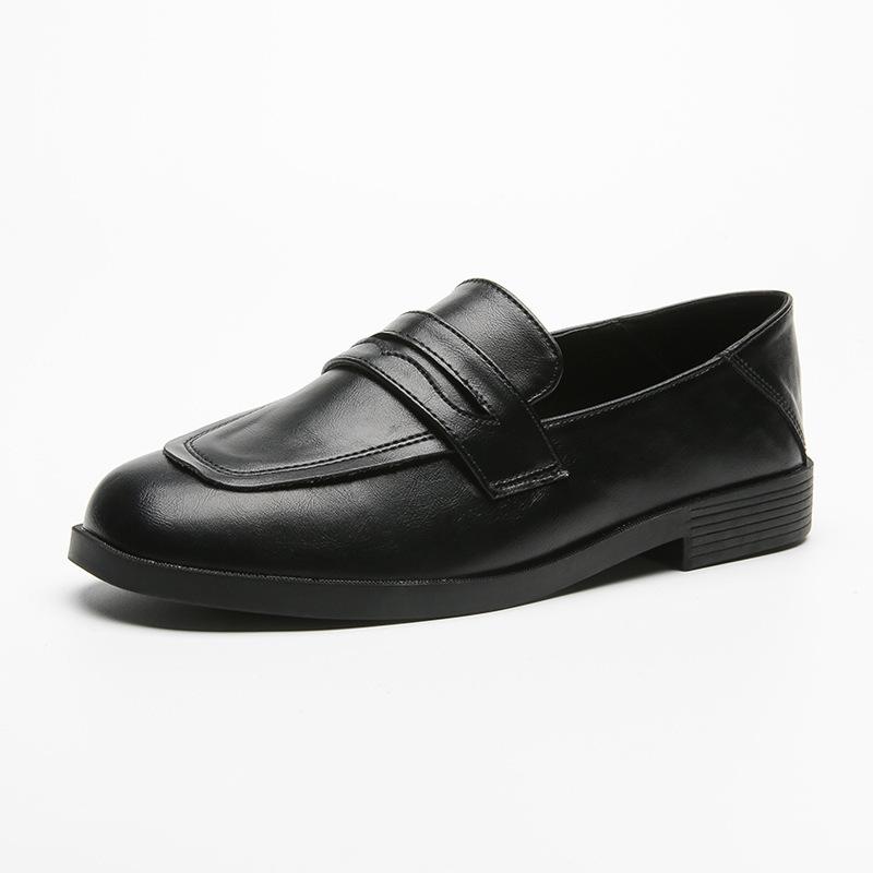 Loafers Women's Summer Thick Low-heeled Single Shoes Neutral Unisex Black Matte Small Leather Shoes Women's Skirt
