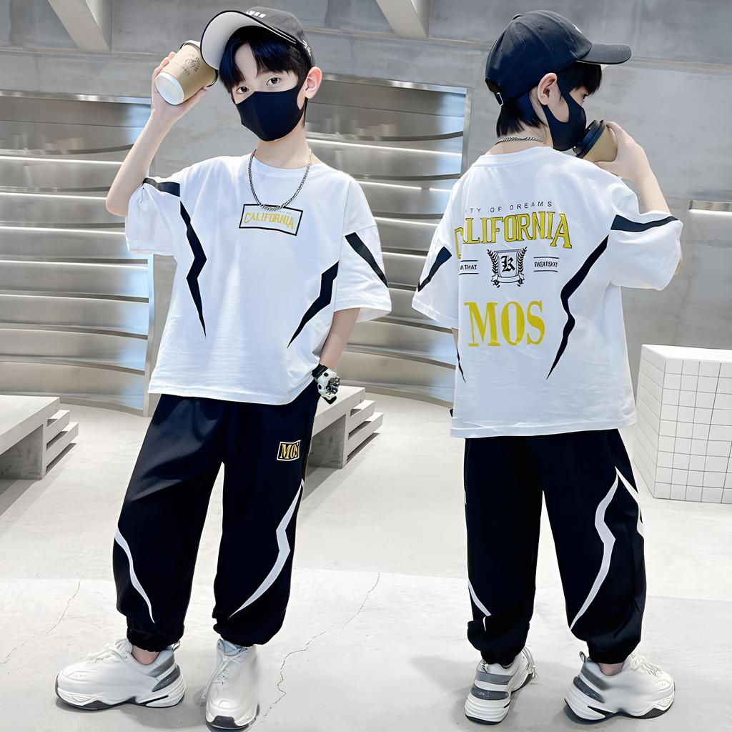 Summer Boys' Fashionable Casual Printed Short Sleeve T-Shirt Pants Suit Sports Fashionable Boy Spring and Summer Suit