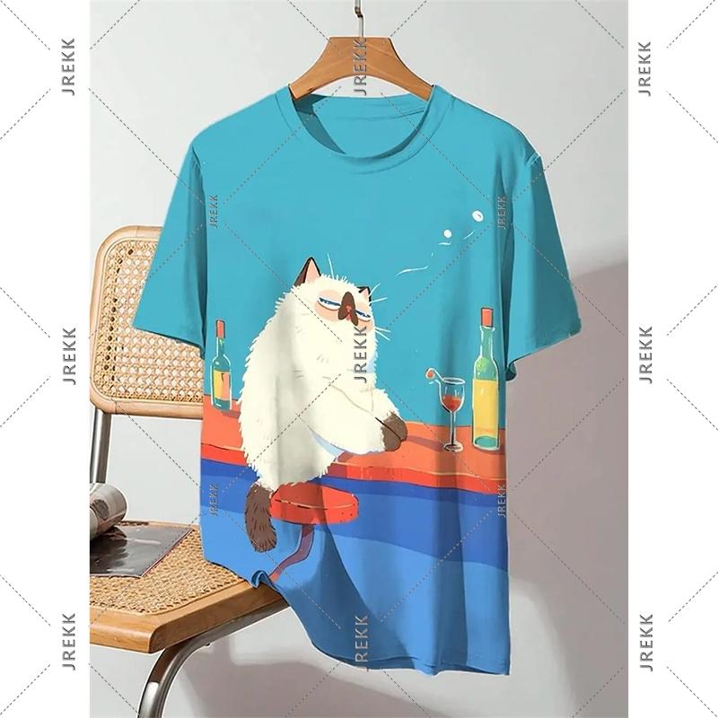 Summer Round Neck 3D Humour Cat Print Top Fashionable Casual Short Sleeved Men's T-shirts