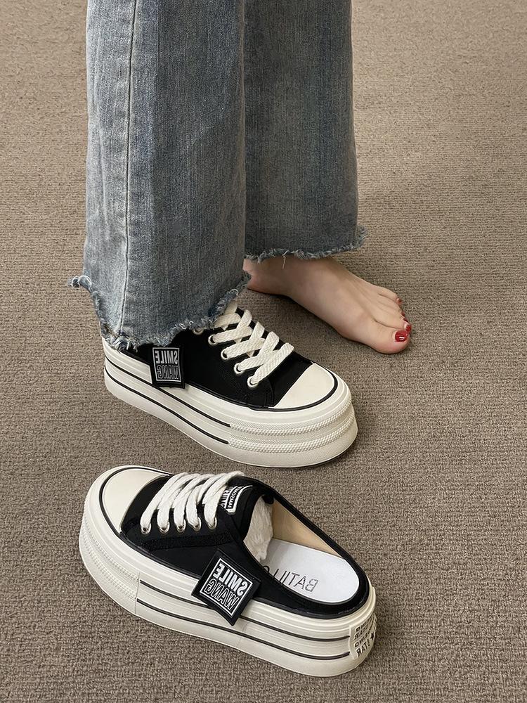 

Canvas half slippers women s summer wear 2025 new Internet celebrity explosion high sense thick bottom height no heel lazy 35 чорний