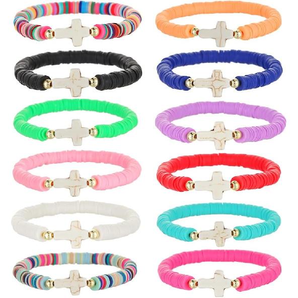 12pcs Friendship Bracelets Beaded Bracelets Heishi Bracelet Cute Bracelets Stack Vinyl Clay Disc Bead Surfer Stretch Summer Beach Bracelets For Women