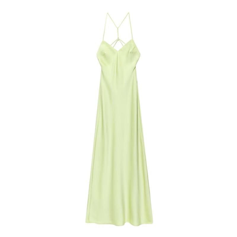 

European American Women s Clothing Summer Backless Silk Satin V-neck Long Suspender Dress L фарби люмінесцентні зелений колір