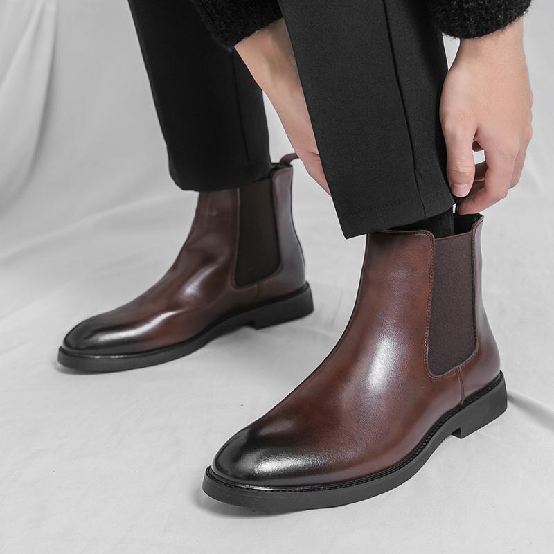 Fashion Autumn Brand Men's Breathable Chelsea Leather Boots British Style Men's Comfortable Pointed Toe Knight Boots Short Horse Boots