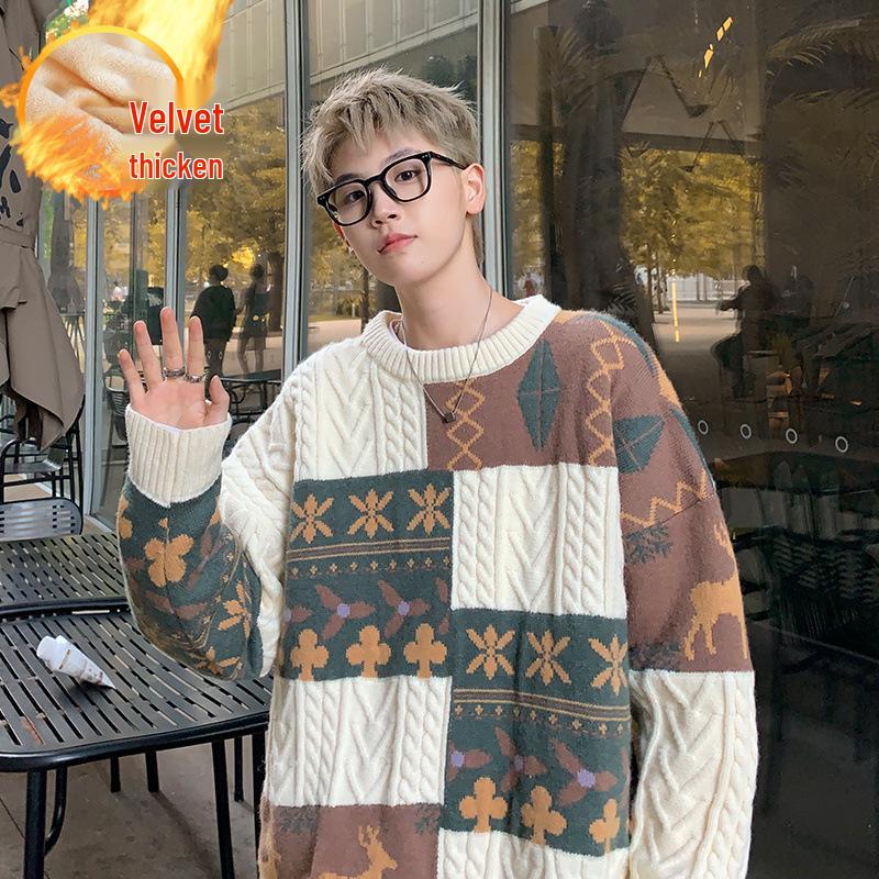 Men's Retro Patchwork Knit Sweater: Warm, Thick, Stylish, and Loose-Fit Winter Jacket