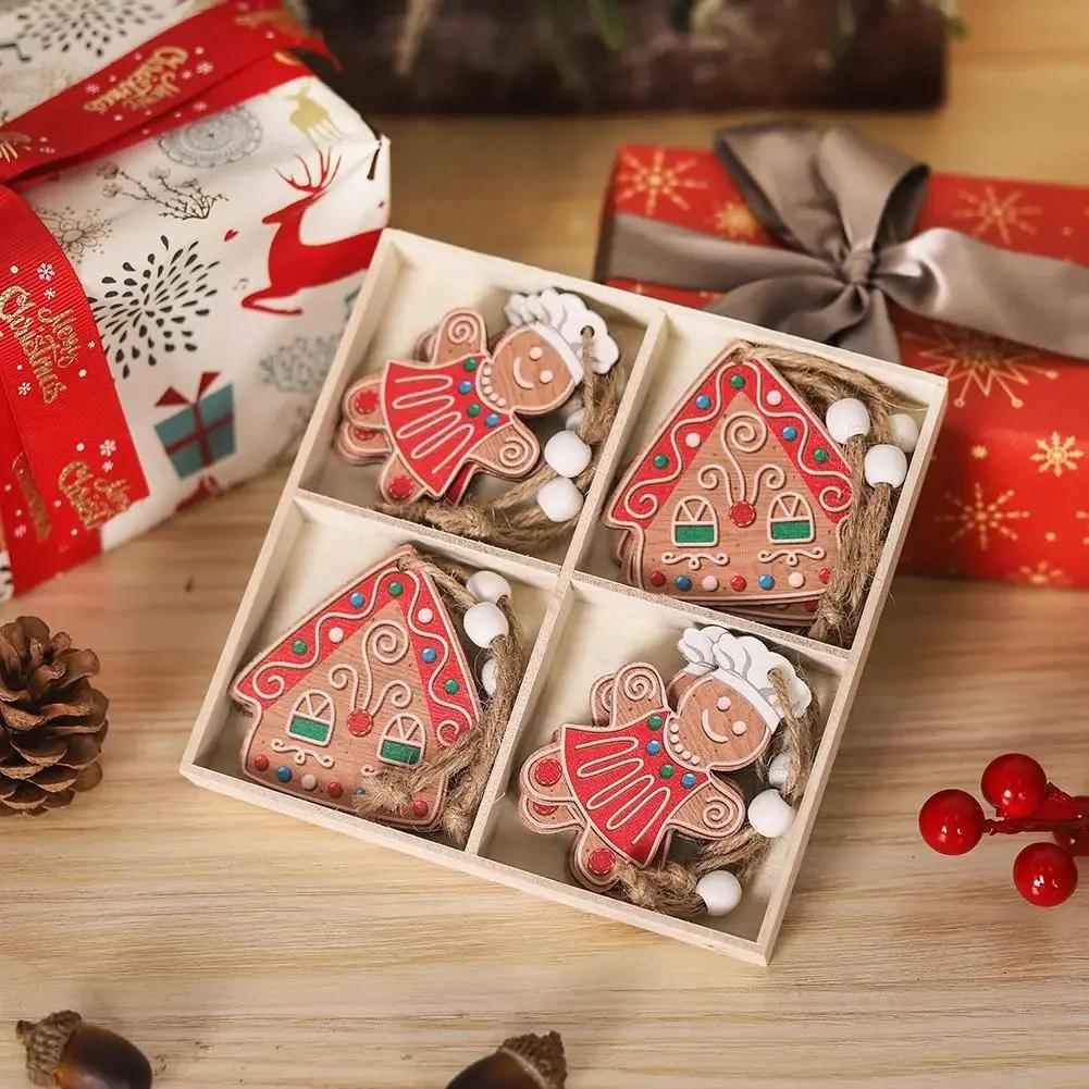 12pcs Wooden Christmas Ornaments Cute Biscuits Couple Faceless Santa Christmas Home Party Ornaments Decorations