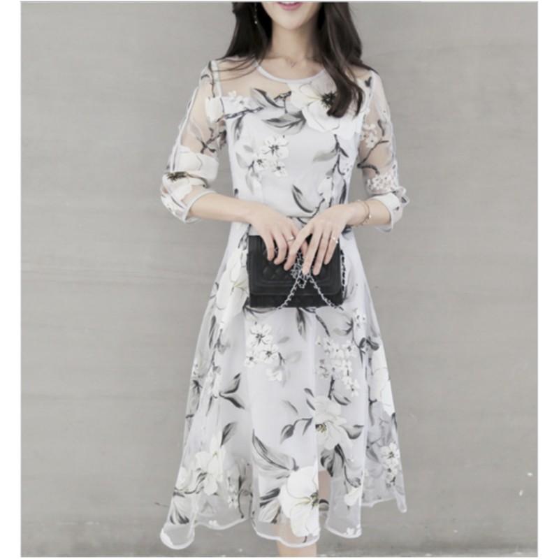 Women's Beautiful Elegant Seven Split Sleeve Round Neck Dress Hollow Midi Waist Large Hem Skirt