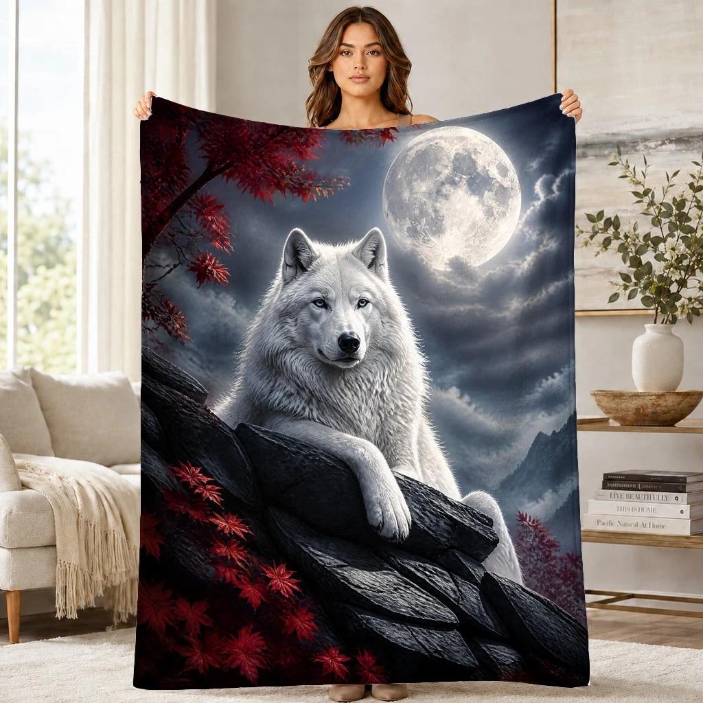 White Wolf Under Moon Coral Fleece Blanket Night Forest Decor