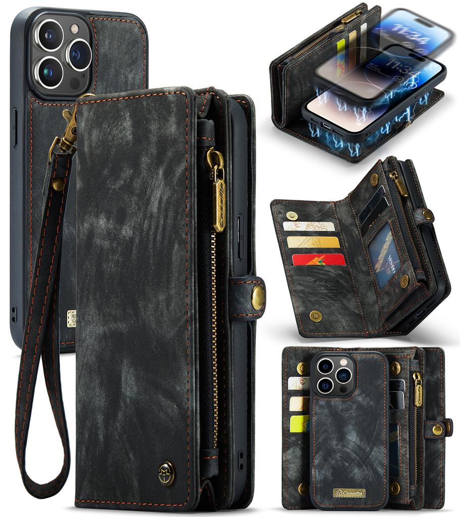 For iPhone 14 Pro Max Wallet Case with Strap Zipper Wallet Card Slots & Detachable Magnetic PU Leather Case Wallet for Women/Men