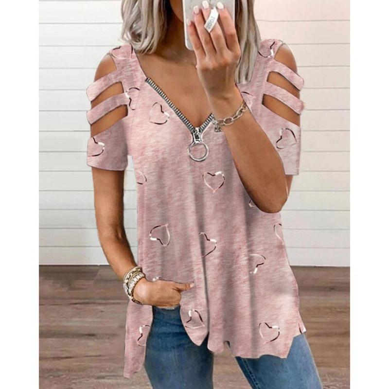 Women's Cold Shoulder Zipper V Neck Heart Print Short Sleeve Loose Fit Tunic Top Casual T Shirt