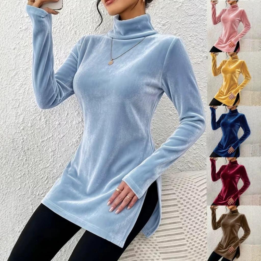 New Women's Velvet Turtleneck Sweater, Slim Fit Split Hem Casual Solid Pullover, Warm Basic Top for Autumn Winter