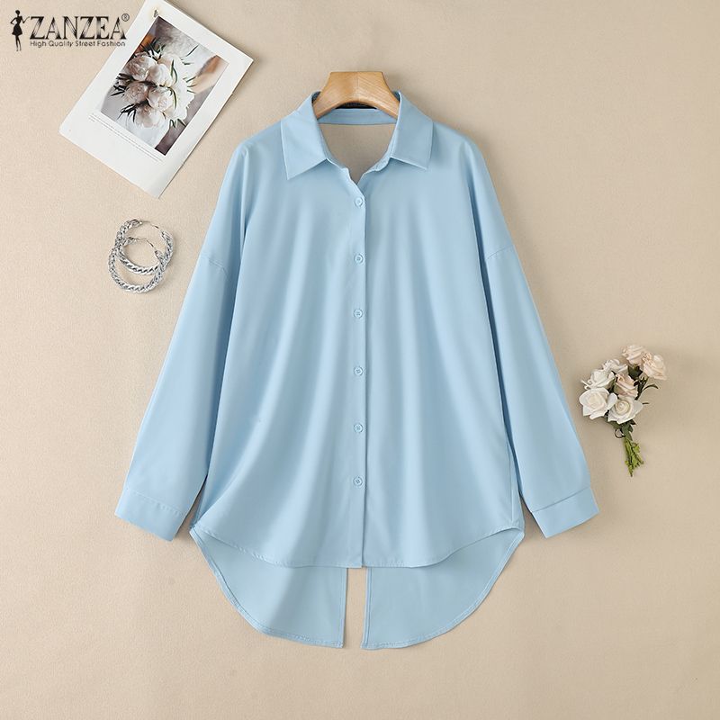 ZANZEA Women Casual Turn Down Collar Loose Backless Long Sleeve Blouse